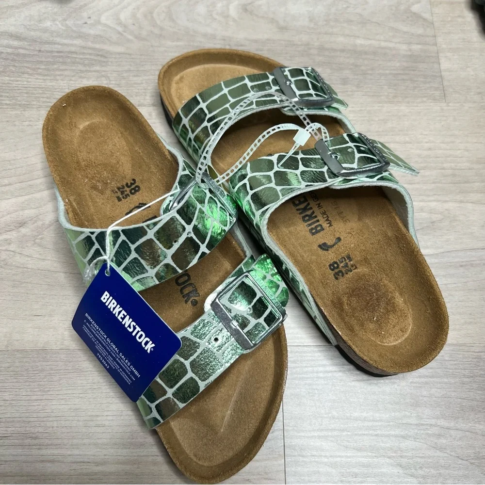 NWT Birkenstock Arizona Gator Gleam Green Silver Metallic Sandal, size 38/ US 7 - Picture 2 of 5